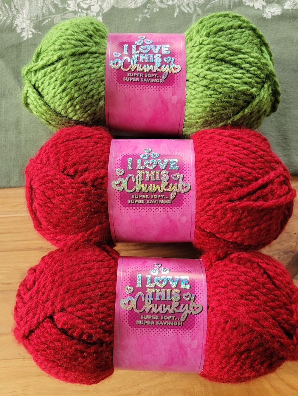 Lot of 3 I Love This Chunky! Yarn Skeins - Fern & Red Velvet